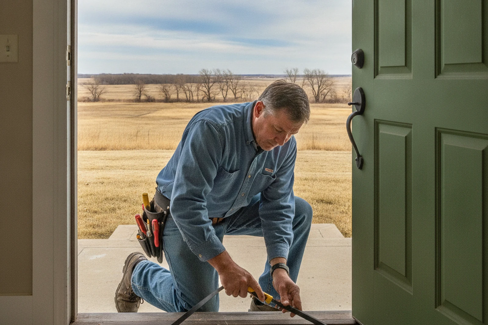 Handyman weatherstrip replacement exterior door Grand Island Nebraska Hall County pre-winter prep Platte River valley Steve